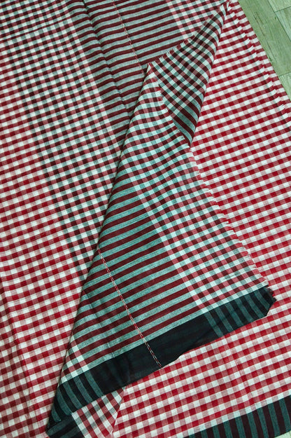 Red White Check Dhaniakhali Cotton Saree with Black Border