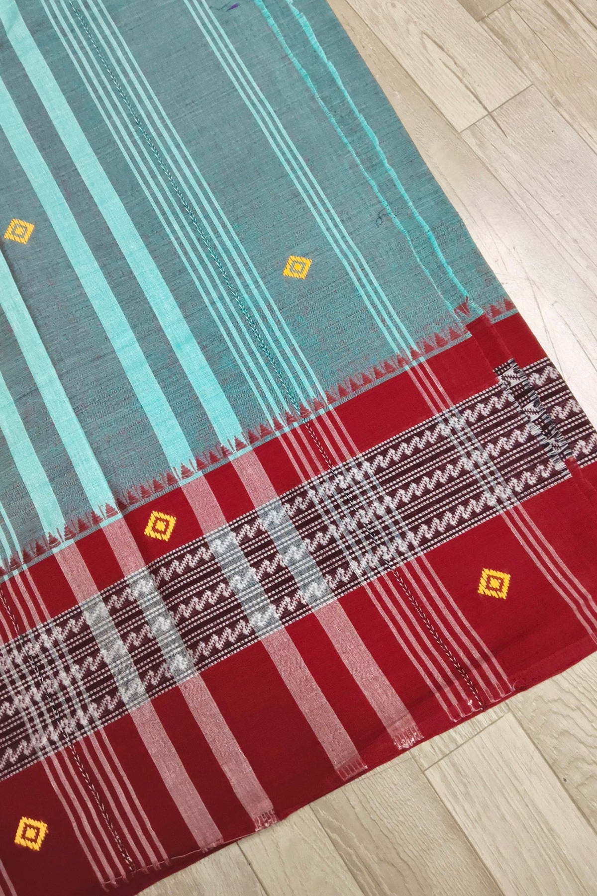 Teal Dhaniakhali Cotton Saree with Maroon Border