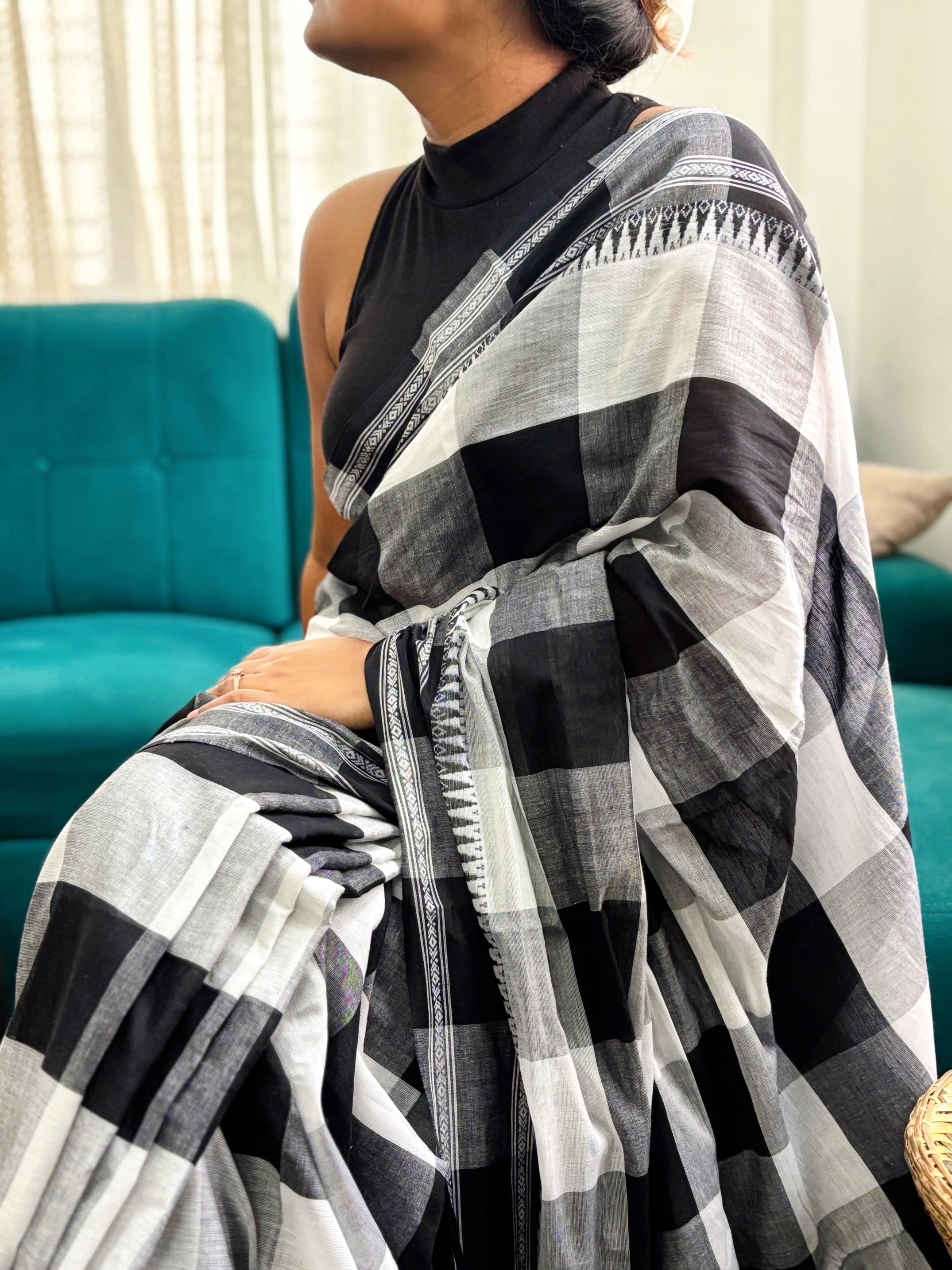 White Black Cotton Big Check Dhaniakhali Saree