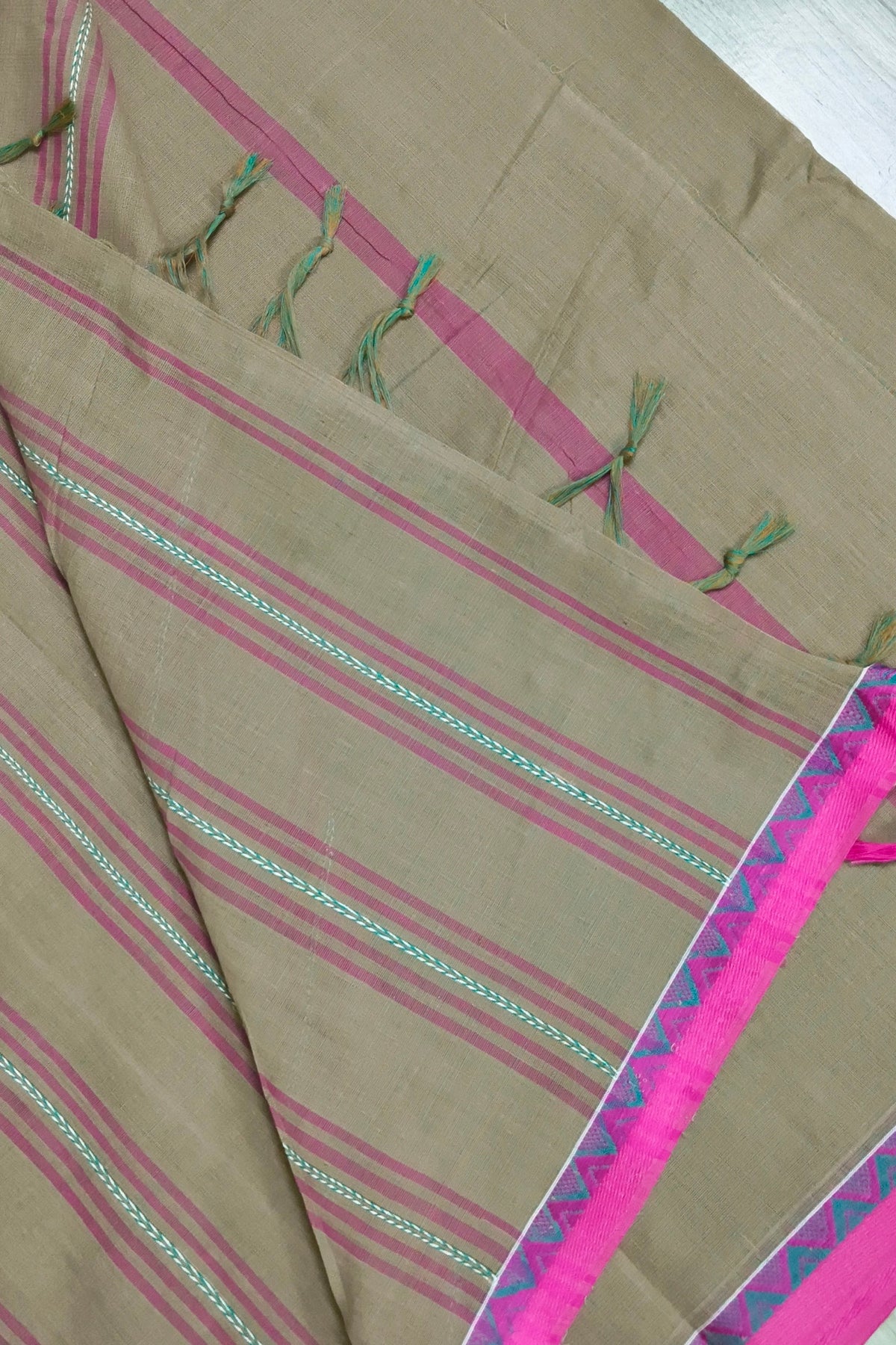 Cement Begampuri Cotton Saree with Pink Woven Borders