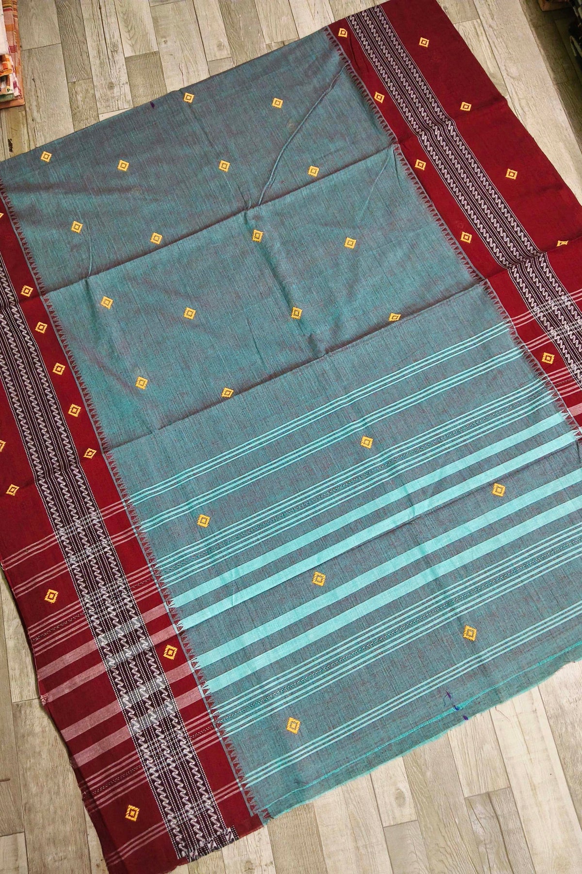 Teal Dhaniakhali Cotton Saree with Maroon Border