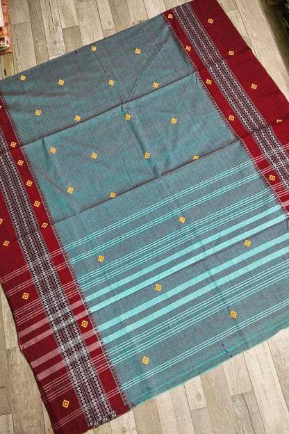 Teal Dhaniakhali Cotton Saree with Maroon Border