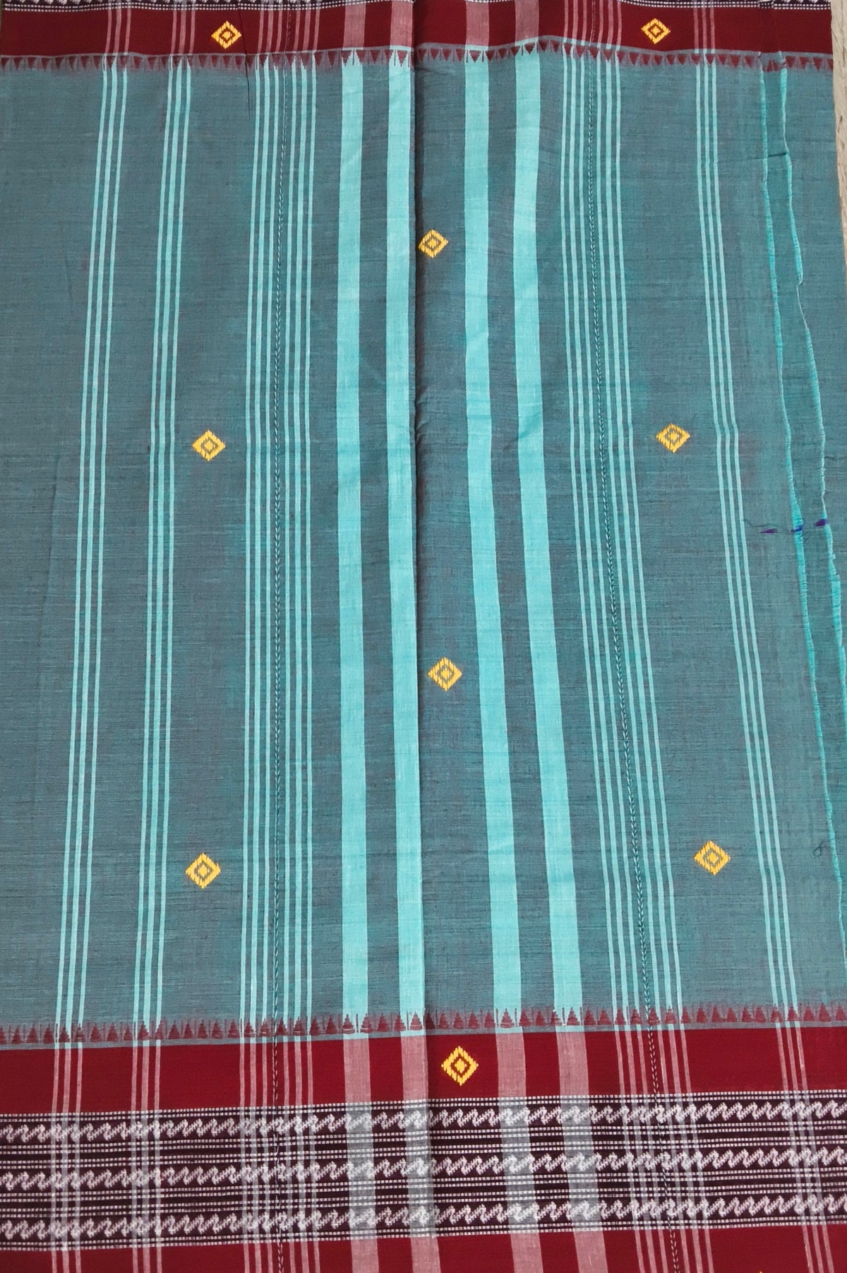 Teal Dhaniakhali Cotton Saree with Maroon Border