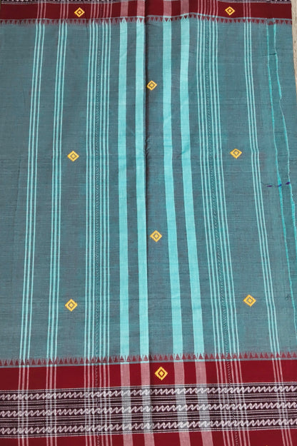 Teal Dhaniakhali Cotton Saree with Maroon Border