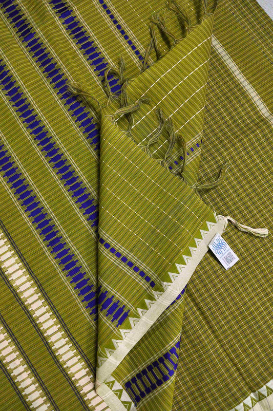 Green Check Begampuri Cotton Saree with Temple Woven Borders