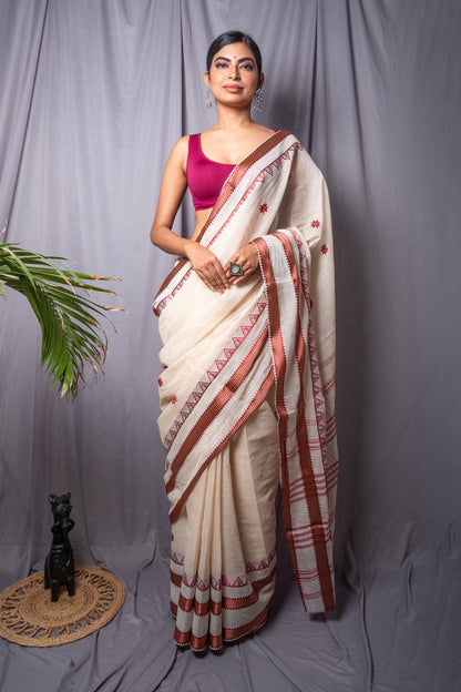 Buy Cream Maroon Small Check Dhaniakhali Soft Cotton Saree- Mayasha