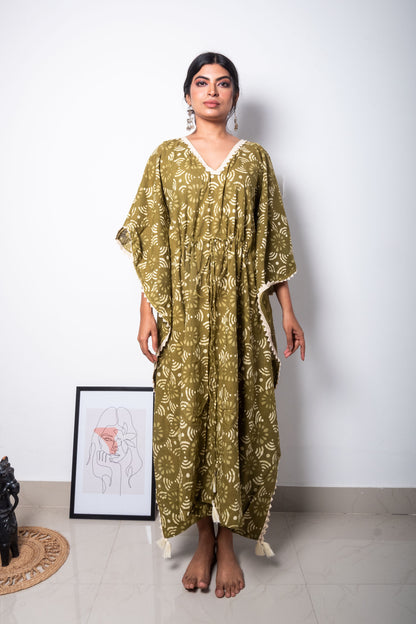 Green Hand Block Printed Cotton Kaftan Dress