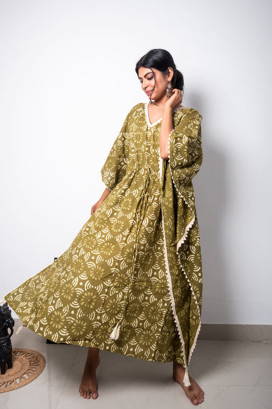 Green Hand Block Printed Cotton Kaftan Dress