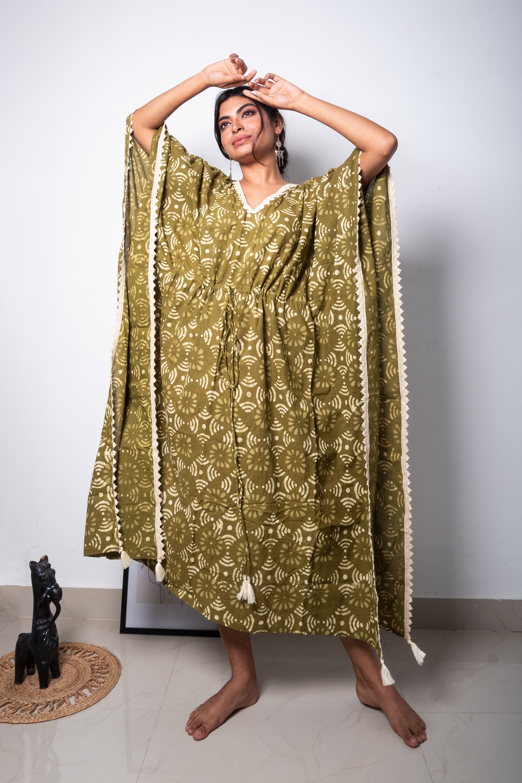 Green Hand Block Printed Cotton Kaftan Dress