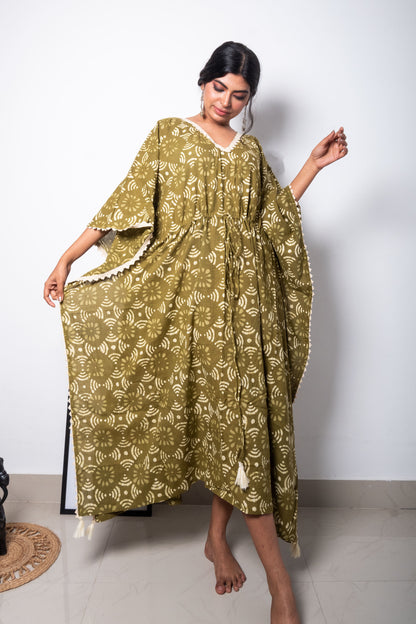 Green Hand Block Printed Cotton Kaftan Dress