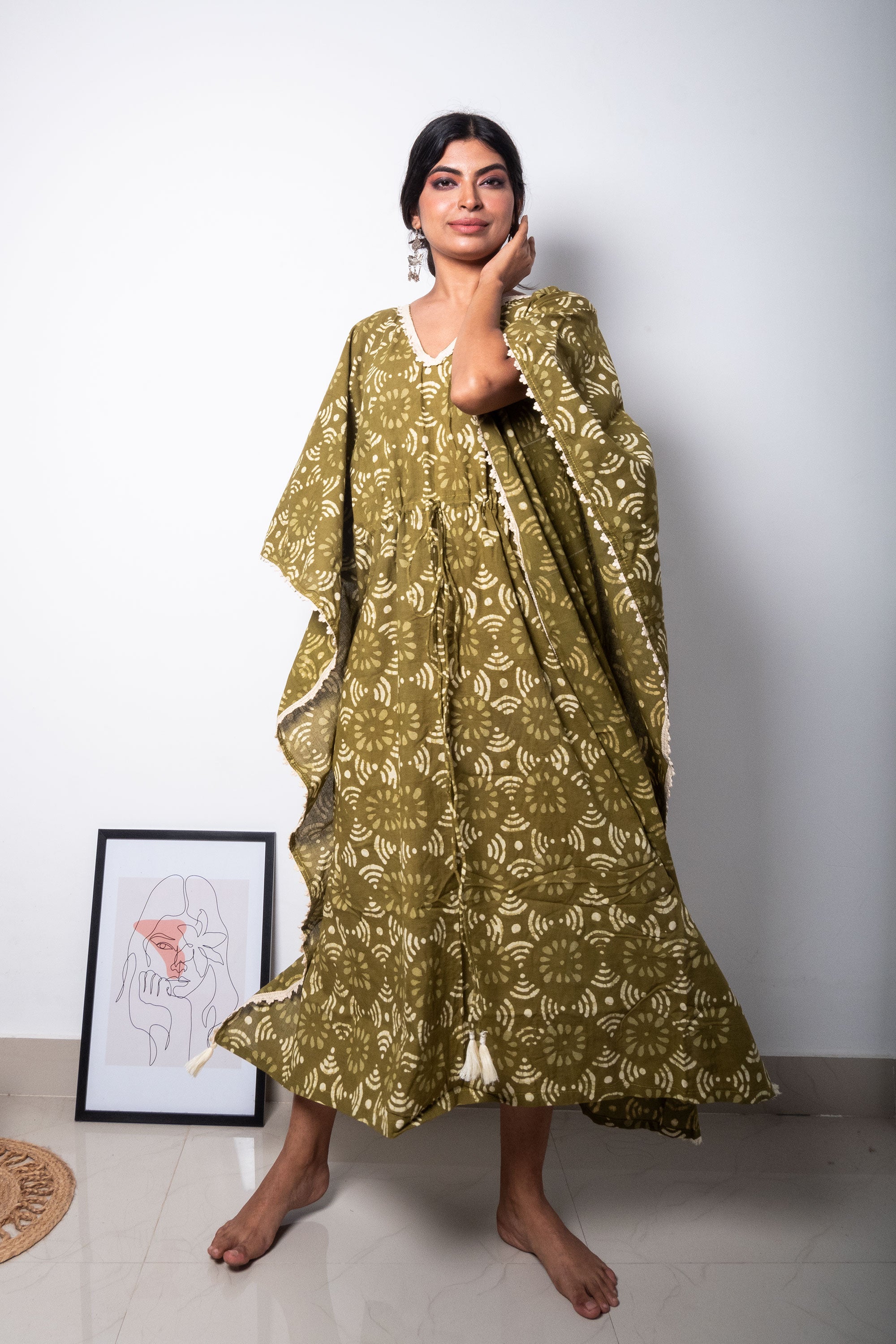 Green Hand Block Printed Cotton Kaftan Dress