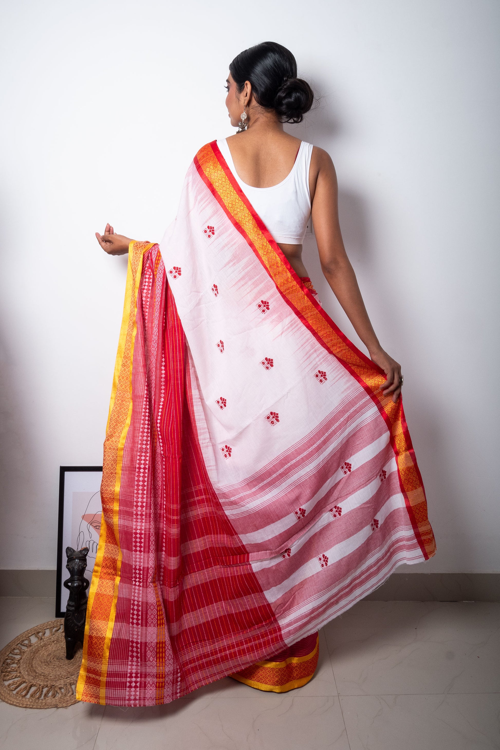 White-Red Half n Half Ikat Woven Dhaniakhali Cotton Saree