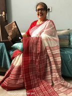 White-Red Begumpuri Handwoven Cotton Saree - MAYASHA