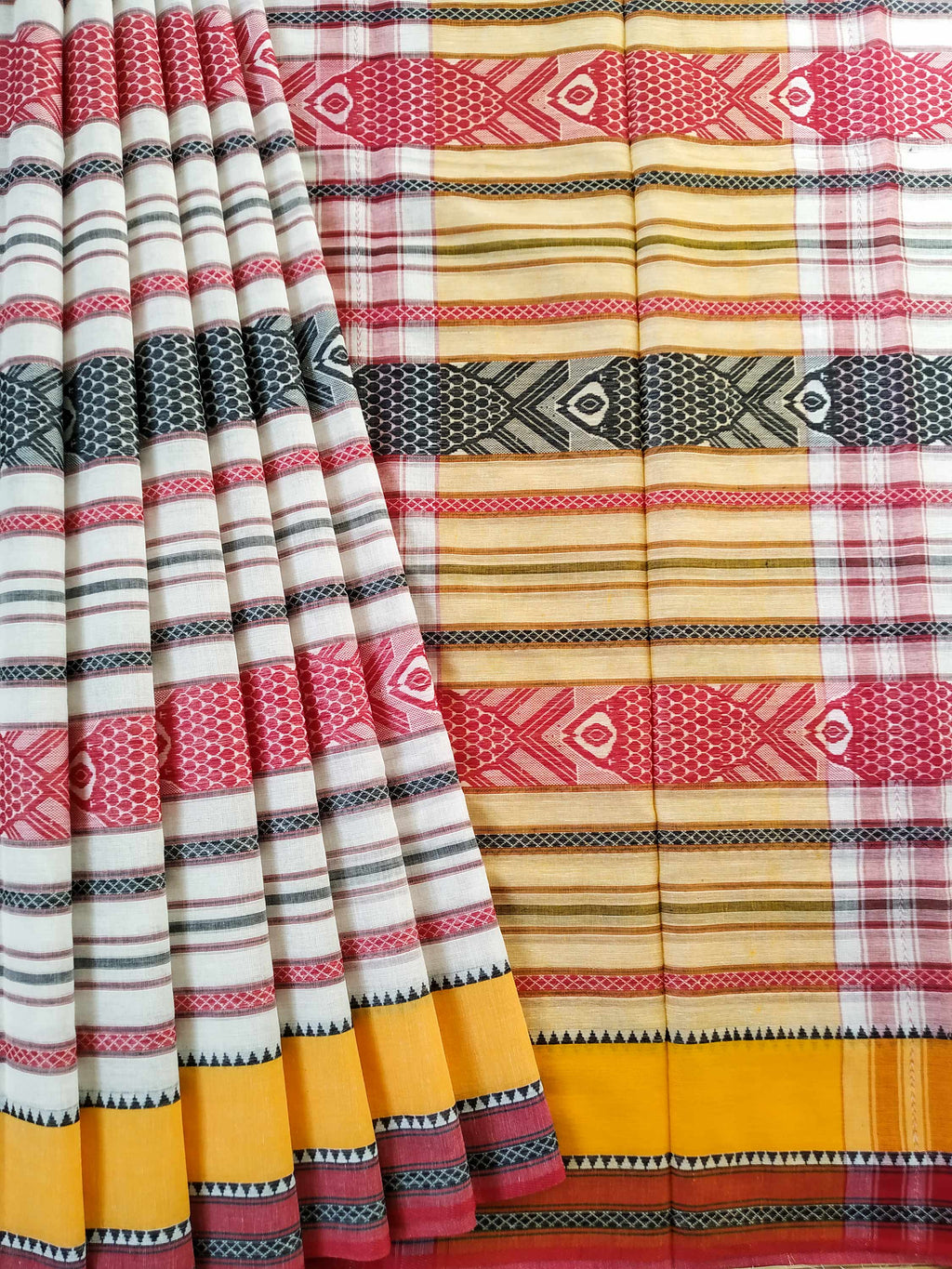 Buy Red-Black Fish Motifs Dhaniakhali Cotton Saree with Yellow Border | MAYASHA