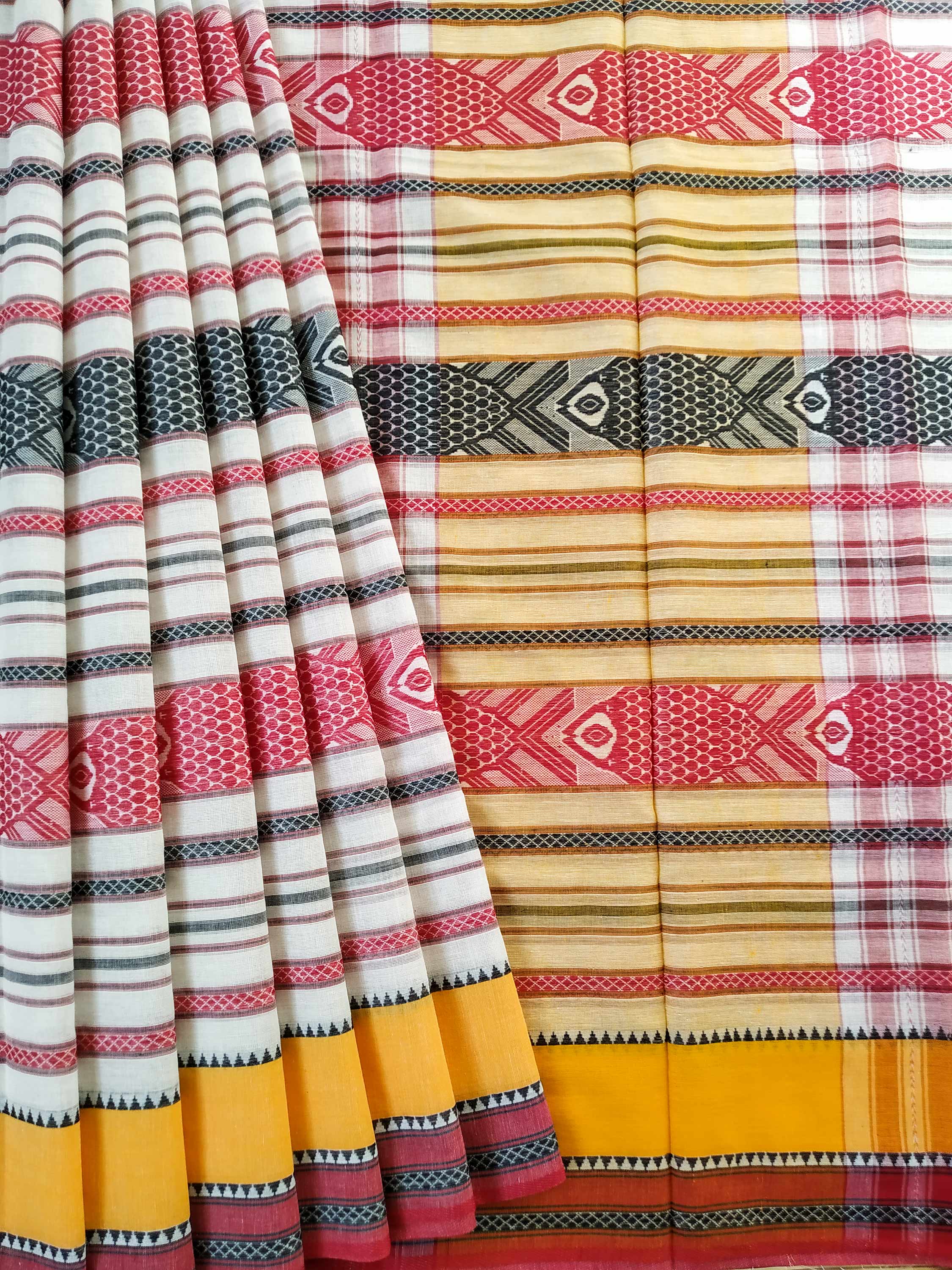 Buy Red-Black Fish Motifs Dhaniakhali Cotton Saree with Yellow Border | MAYASHA