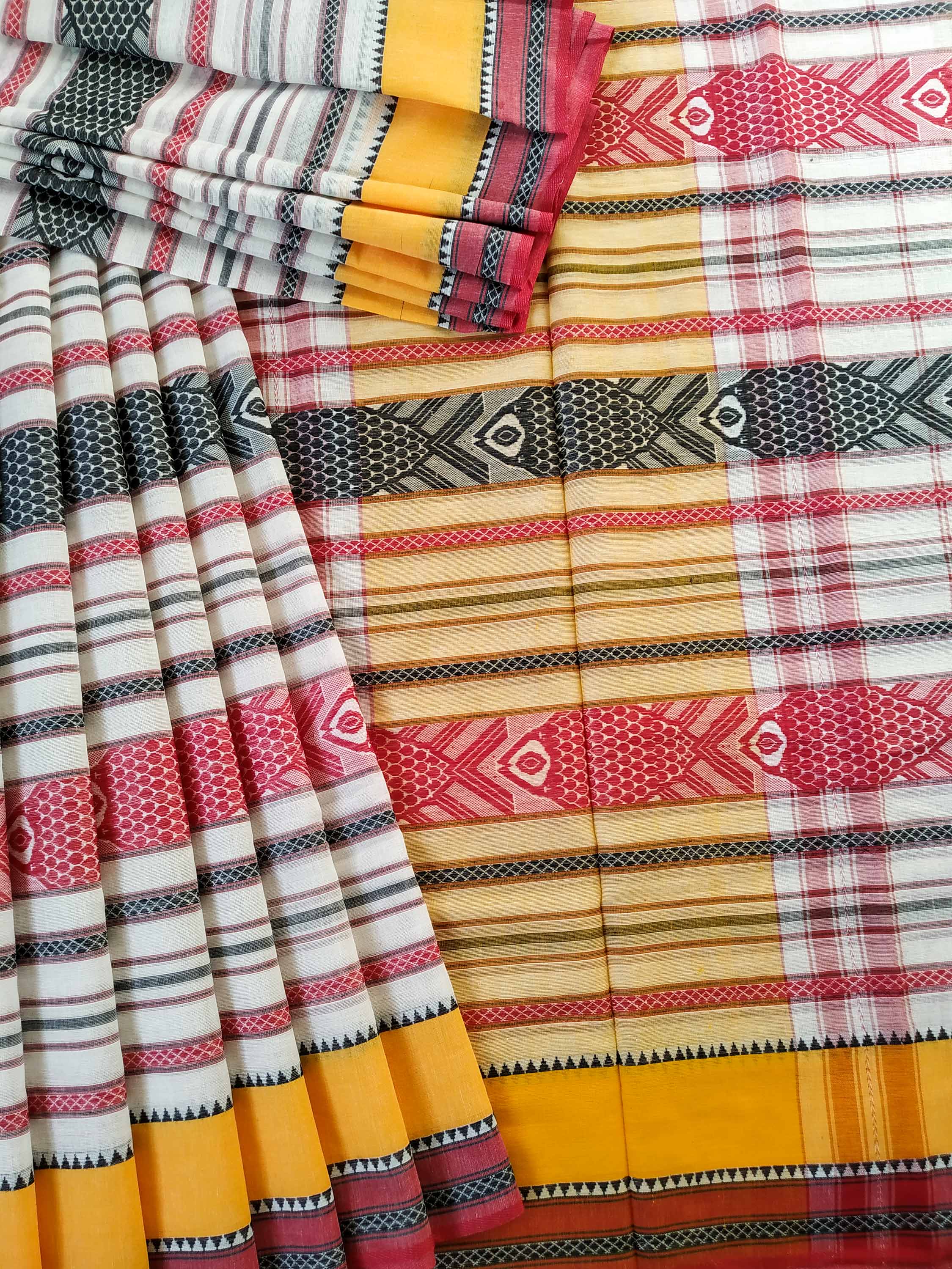 Buy Red-Black Fish Motifs Dhaniakhali Cotton Saree with Yellow Border | MAYASHA