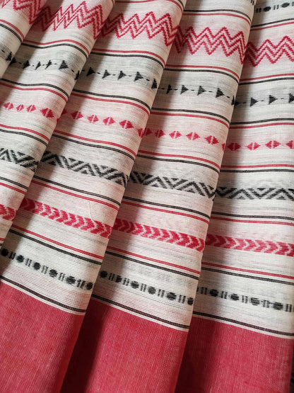 Buy White Dhaniakhali Cotton Saree with Red Zigzag Weave and Ganga Jamuna Borders- Mayasha