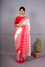 White-Red Begumpuri Handwoven Cotton Saree - MAYASHA