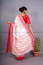 White-Red Begumpuri Handwoven Cotton Saree - MAYASHA